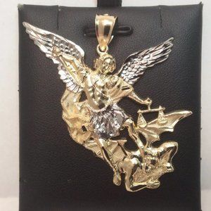 10k Yellow Real Gold Solid  Saint 2 Tone Michael Archangel and the Devil Pendant